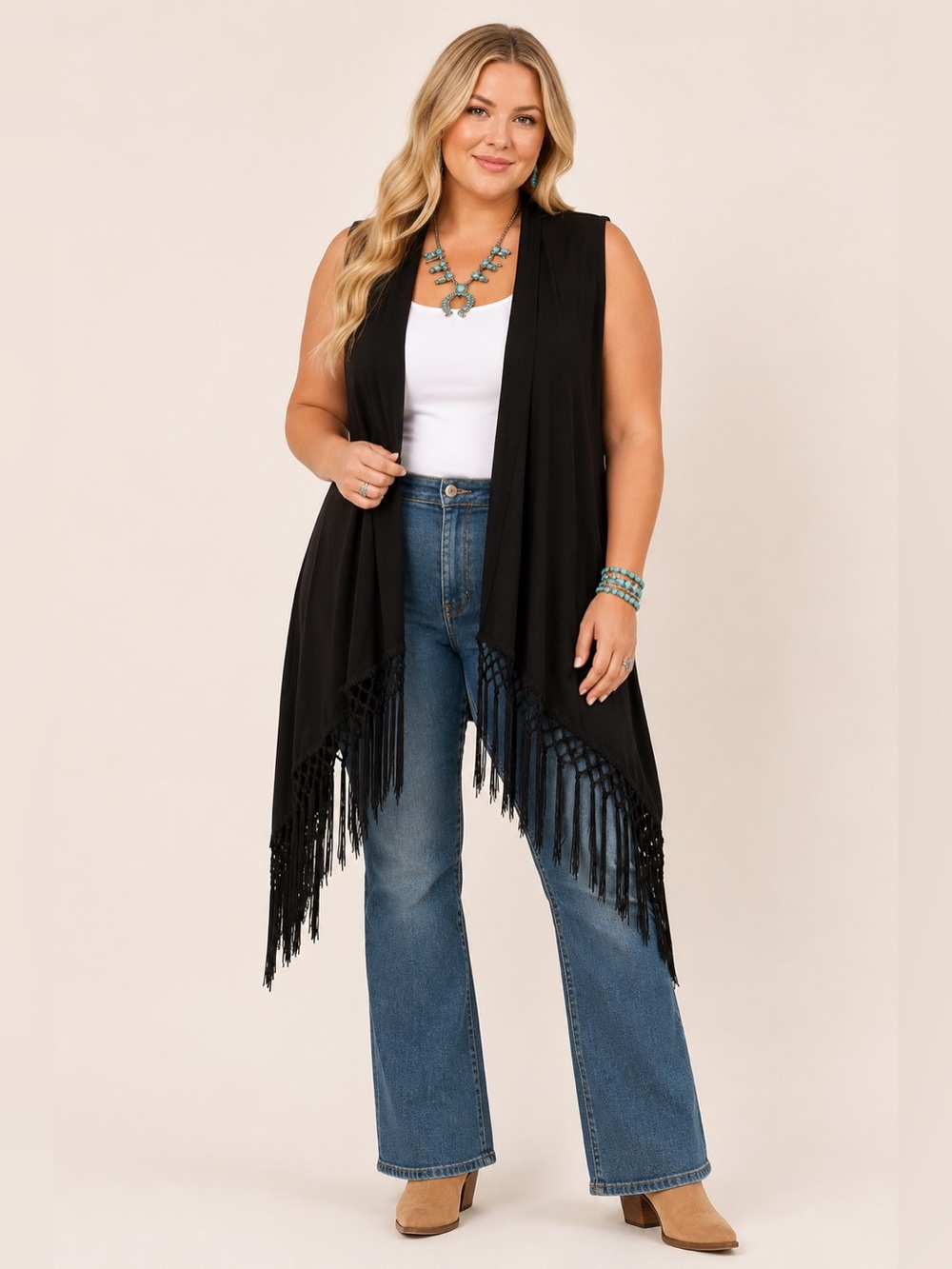 Allison Daley Black Fringe Vest Open Front Boho Duster Plus Size 1X Layering